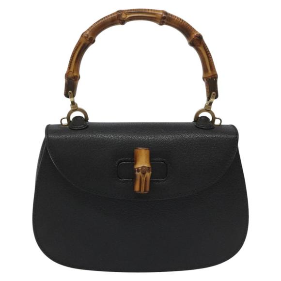 GUCCI Bamboo Hand Bag Leather Black Gold 000 2113 0188 Auth yk17496A - Picture 2 of 16